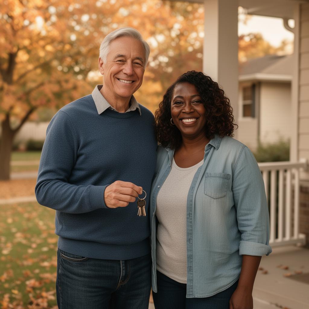 Homeowners smiling on their front porch after closing