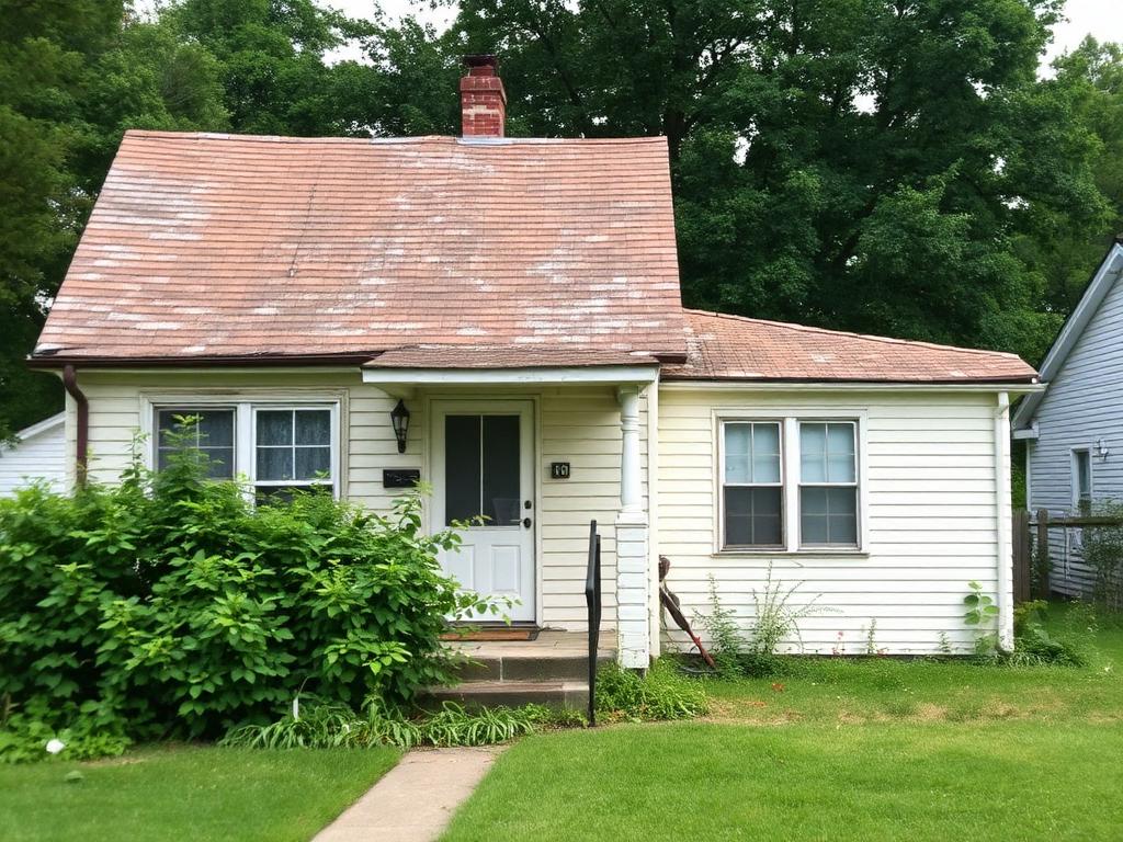 Older house with peeling paint and worn roof needing repairs
